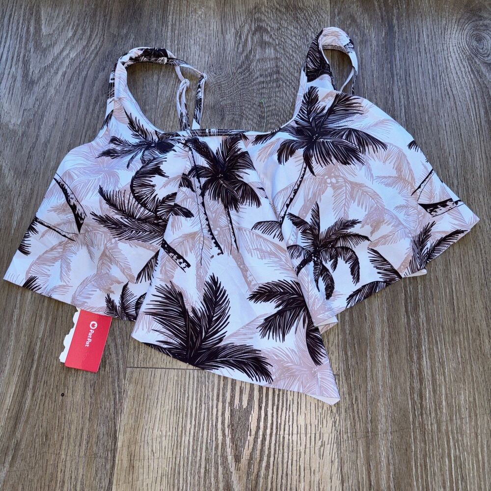 PatPat Swimsuit Ruffle Top Only M New Brown Beige Leaf Pattern Adjust Straps Pad